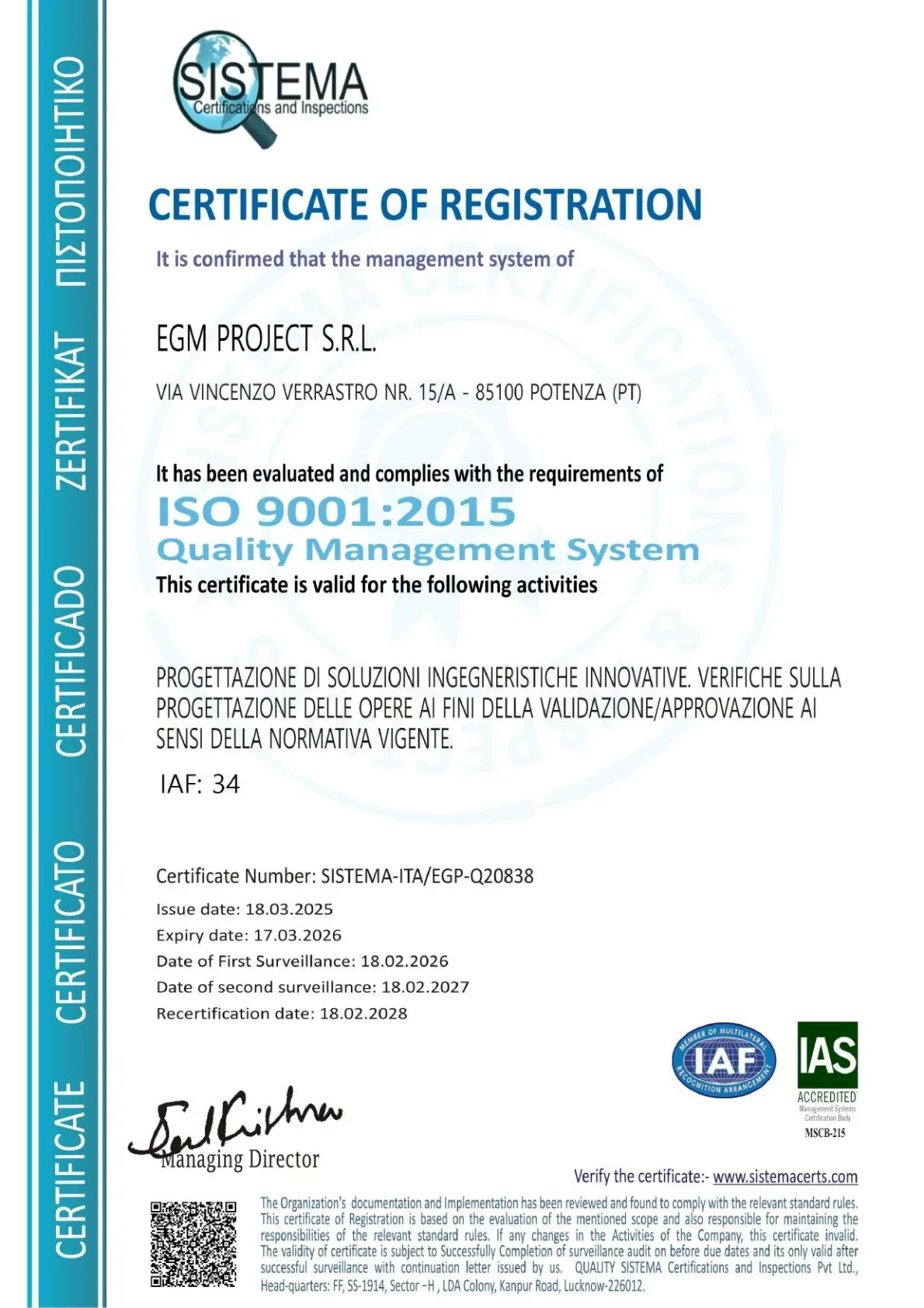Certificazione ISO -9001:2015 EGM Project