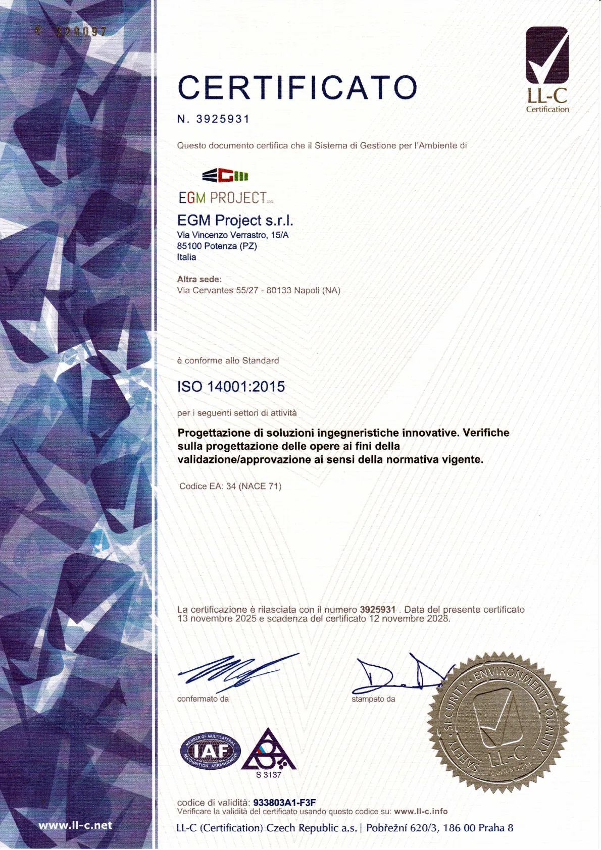 Certificazione ISO-14001 Egm Project